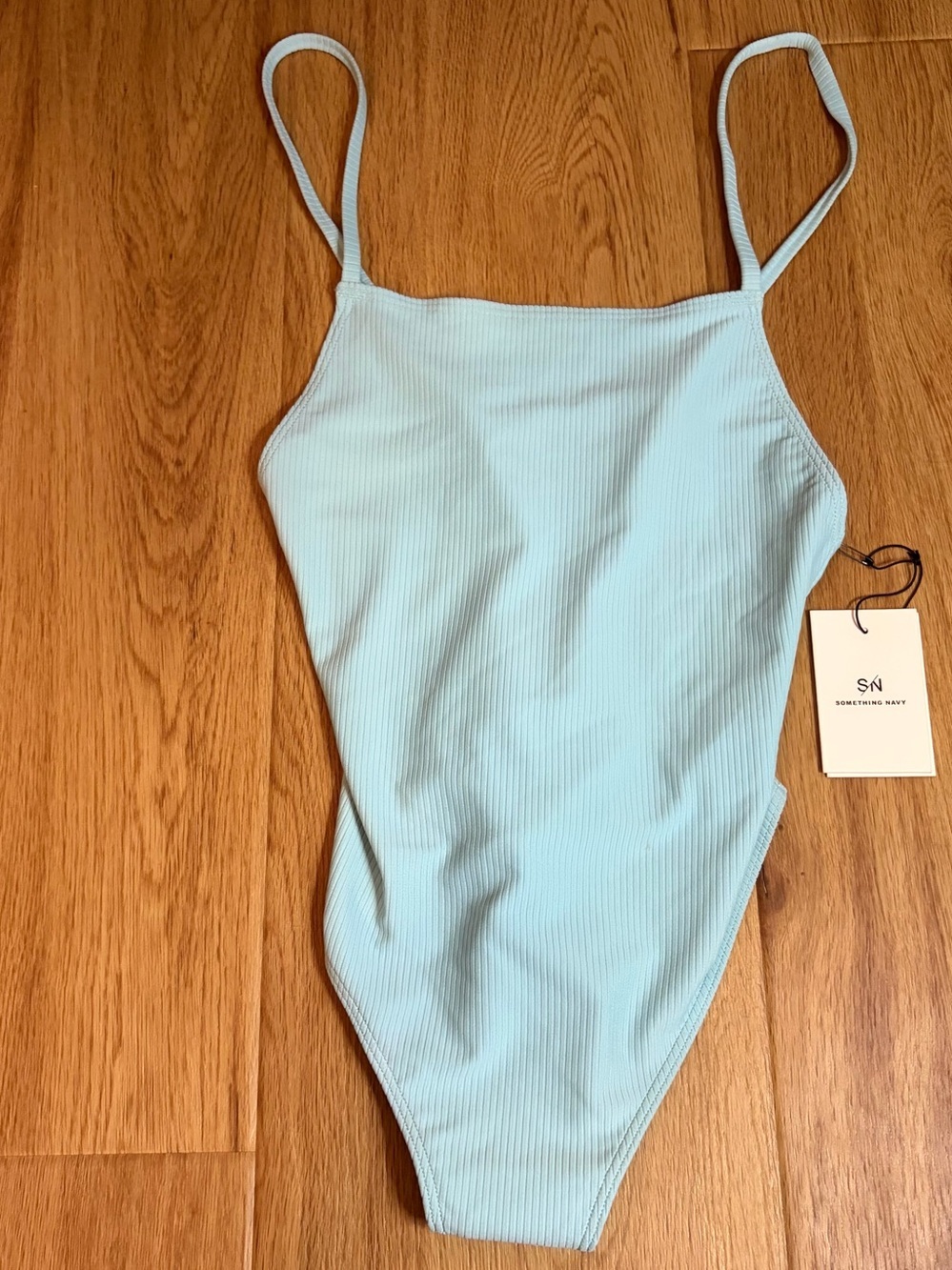 Something Navy Light Blue Ribbed Bandeau One-Piece with Thin Straps